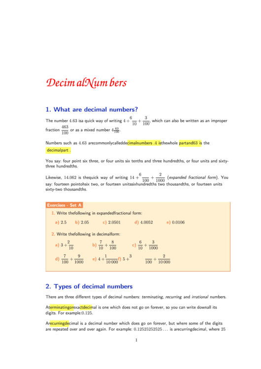 Decimal Numbers Worksheet Printable pdf