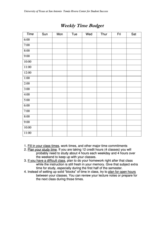 Weekly Time Budget Template Printable pdf