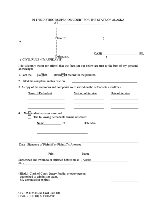 Civil Rule 4f Affidavit Form Printable Pdf Download