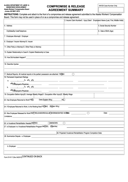 Fillable Compromise Agreement Summary Printable pdf