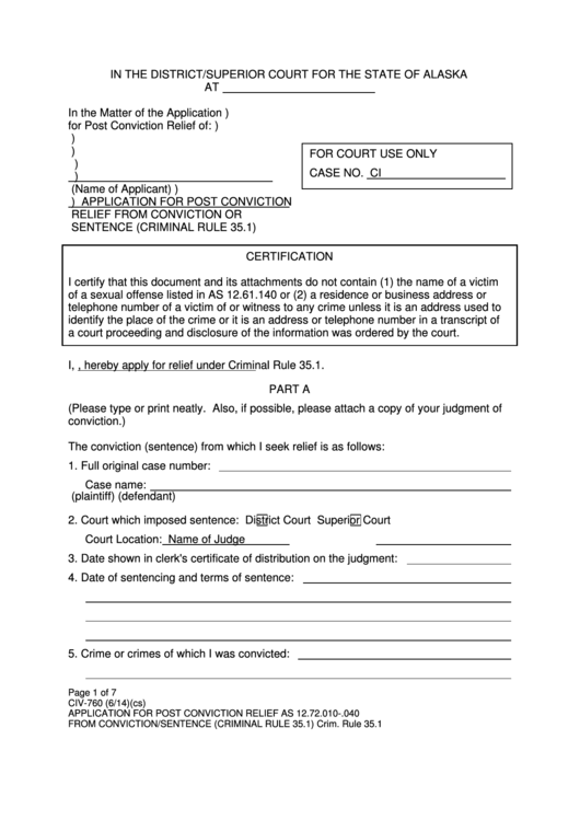 Application For Post Conviction Relief From Conviction Or Printable pdf