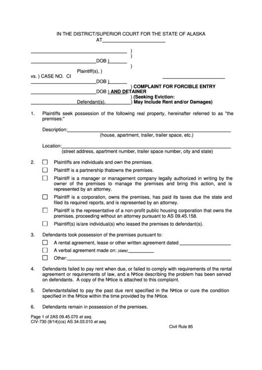 Fillable Complaint For Forcible Entry And Detainer (Seeking Eviction: May Include Rent And/or Damages) Printable pdf
