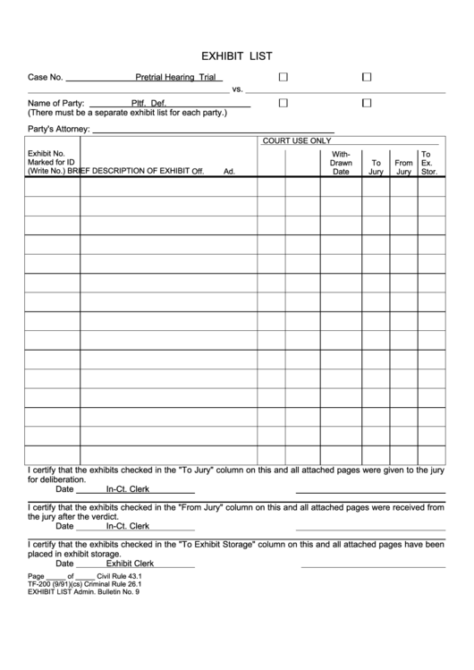 Fillable Form Tf200 Exhibit List printable pdf download