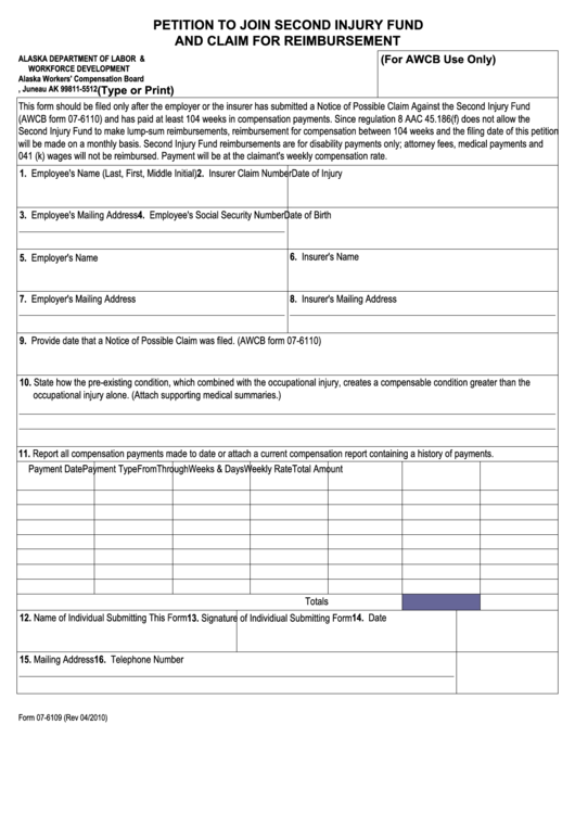 Fillable Form 07-6109 - Petition To Join Second Injury Fund And Claim For Reimbursement Printable pdf
