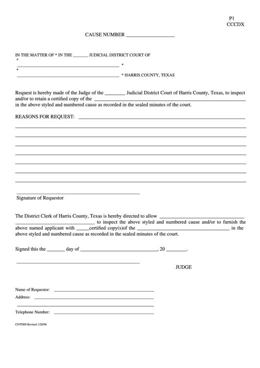 Fillable P1 - Request Form - Judicial District Court Of Harris County, Texas Printable pdf