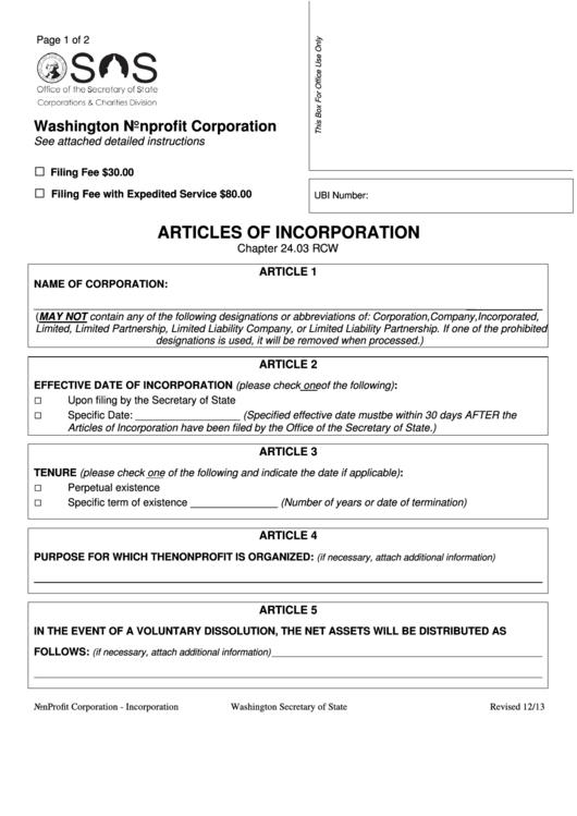 Washington Nonprofit Corporation Articles Of Incorporation - Washington Secretary Of State - 2013