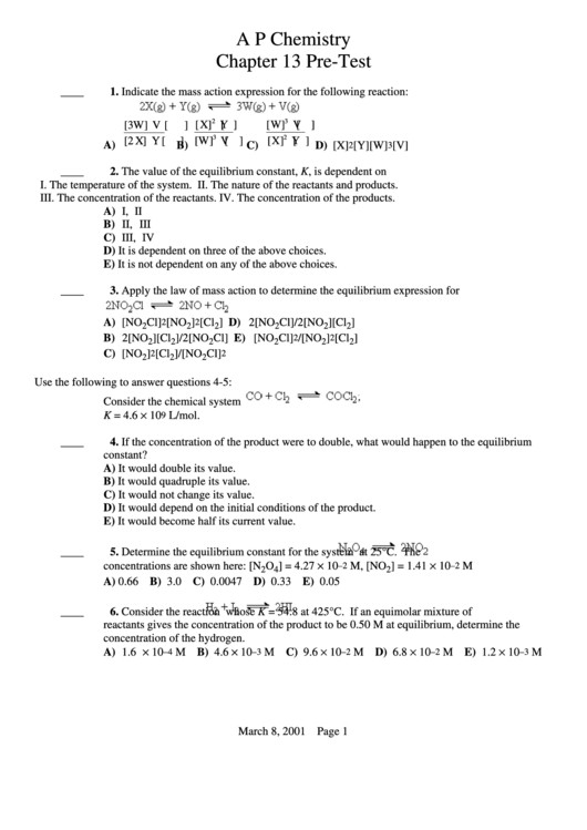 A P Chemistry Test Printable pdf