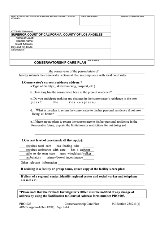 Fillable Conservatorship Care Plan Printable pdf