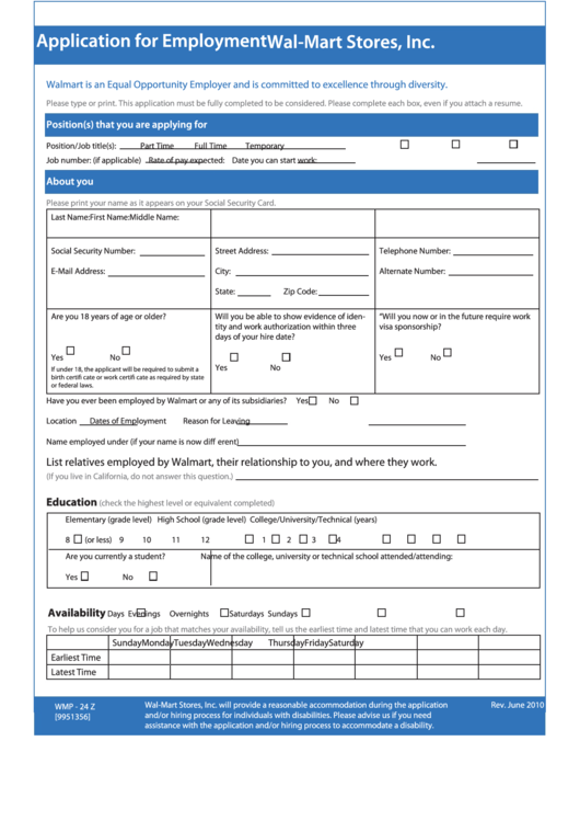 Fillable Form Wmp 24 Z Application Form For Employment Walmart Stores Printable Pdf Download