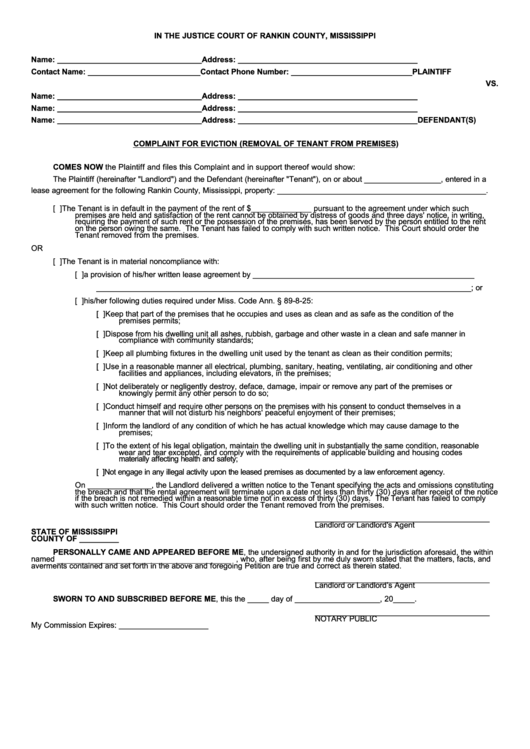 Complaint For Eviction (Removal Of Tenant From Premises) Form Printable pdf