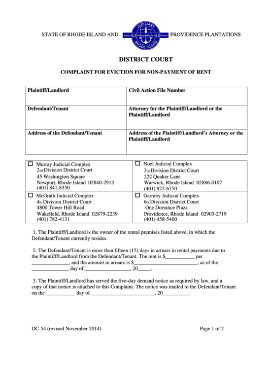 Fillable Complaint For Eviction For Non Payment Of Rent Printable pdf