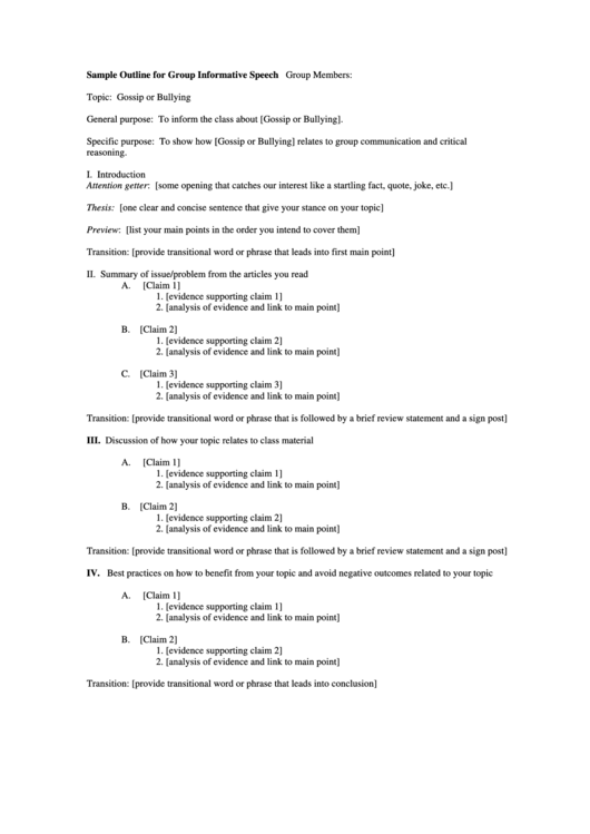 Sample Outline Template For Group Informative Speech Printable pdf