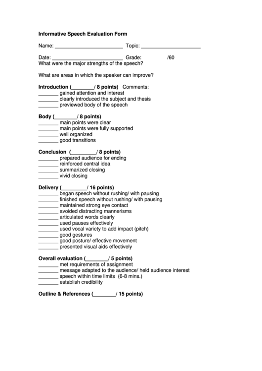 Informative Speech Evaluation Form printable pdf download