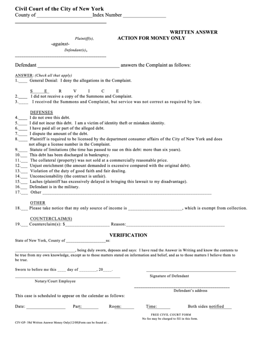 Fillable Form Civ-Gp-58d - Written Answer Action For Money Only Printable pdf