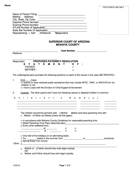 Fillable Proposed Paternity Resolution Printable pdf