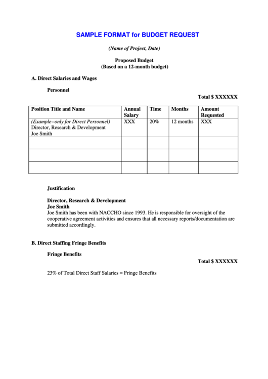 Sample Format For Budget Request Printable pdf