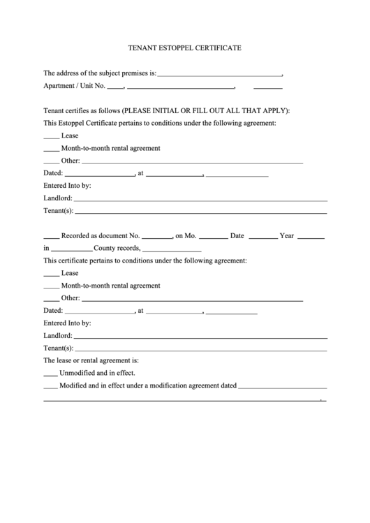 Fillable Tenant Estoppel Certificate Printable pdf