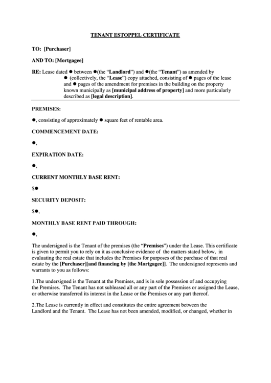 Tenant Estoppel Certificate Printable pdf