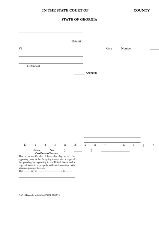 Fillable Answer Form - Georgia State Court Printable pdf