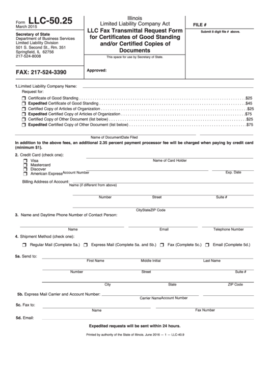 Llc Fax Transmittal Request Form For Certificates Of Good Standing Printable pdf