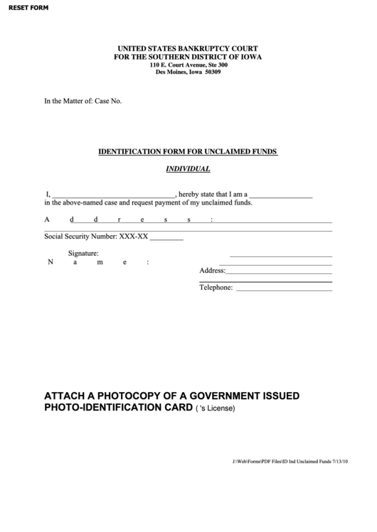 Fillable Identification Form For Unclaimed Funds (Individual) Printable pdf
