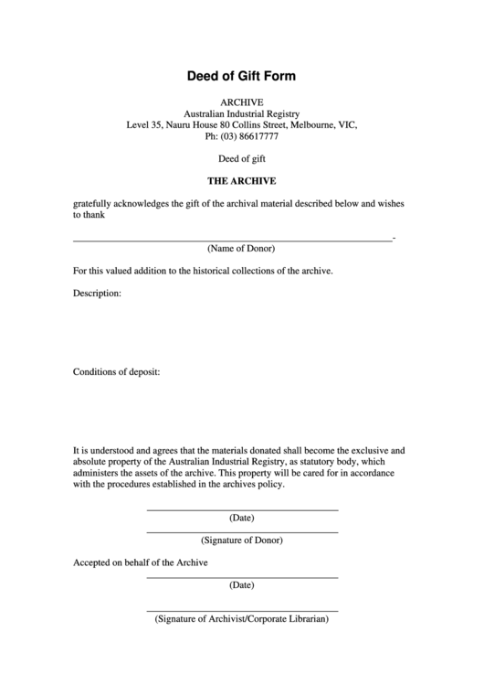 Deed Of Gift Form Au Printable pdf