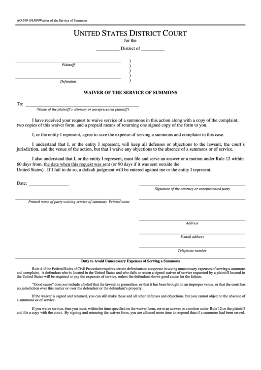 Fillable Waiver Of The Service Of Summons Printable pdf