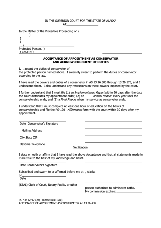Fillable Acceptance Of Appointment As Conservator And Acknowledgement Of Duties Printable pdf