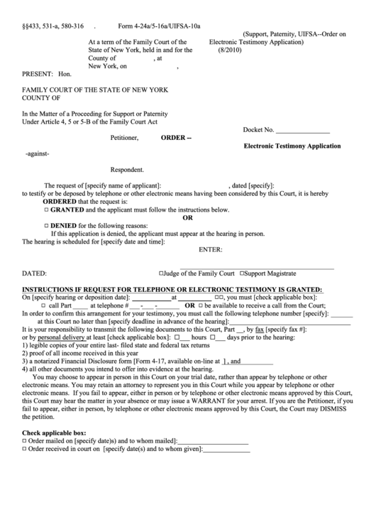 Form 4-24a/5-16a/uifsa-10a - Order - Electronic Testimony Application Printable pdf