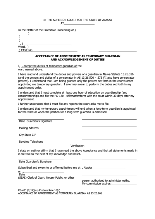 Fillable Acceptance Of Appointment As Temporary Guardian Printable pdf
