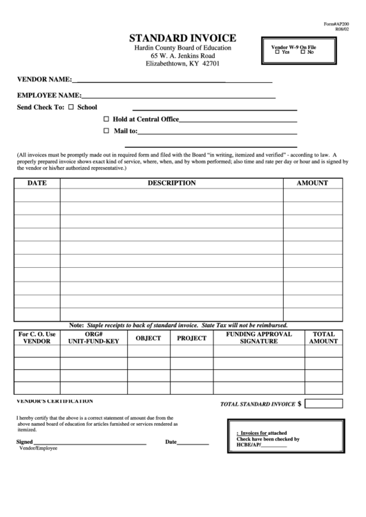 Standard Invoice Template - Hardin County Board Of Education Printable pdf