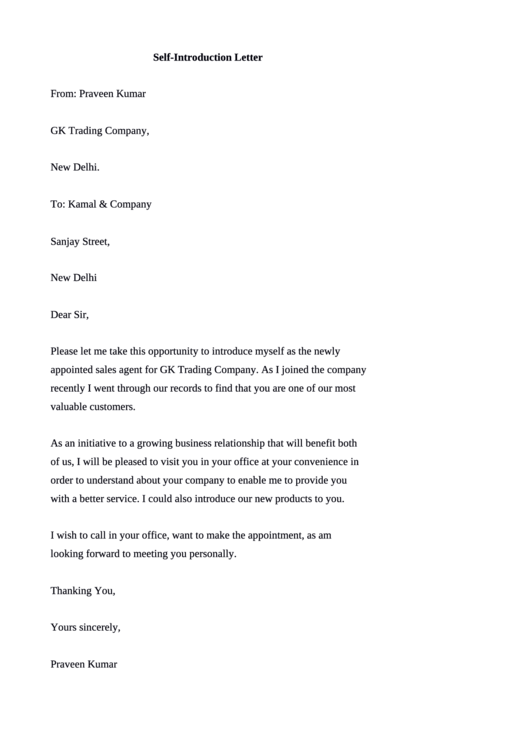 Sample Self-introduction Letter Template