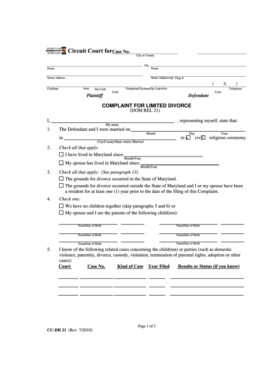 Fillable Complaint For Limited Divorce (Dom Rel 21) Printable pdf