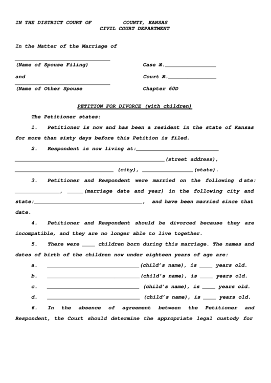 Fillable Petition For Divorce With Children Printable pdf