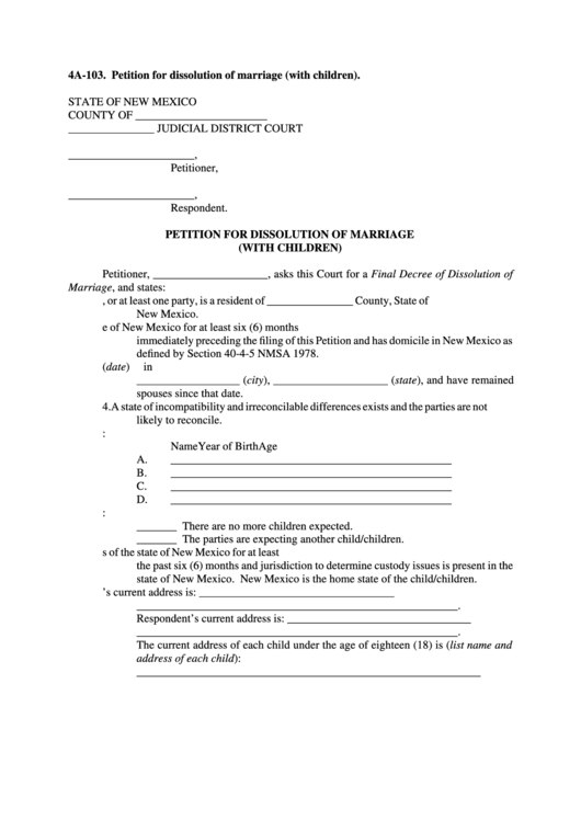 Fillable Petition For Dissolution Of Marriage (With Children) Printable pdf