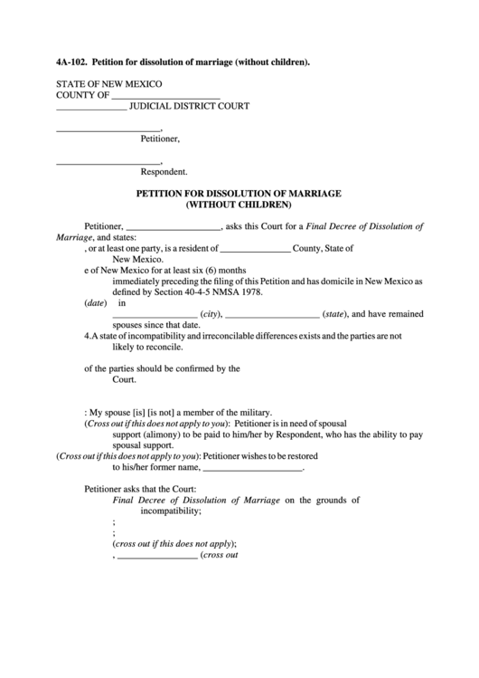 Fillable Petition For Dissolution Of Marriage (Without Children) Printable pdf