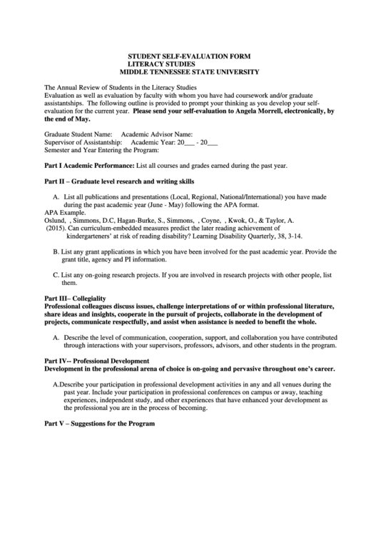 Student Self Evaluation Form Printable pdf