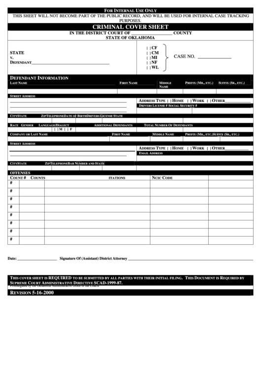 Fillable Criminal Cover Sheet - State Of Oklahoma District Court Printable pdf
