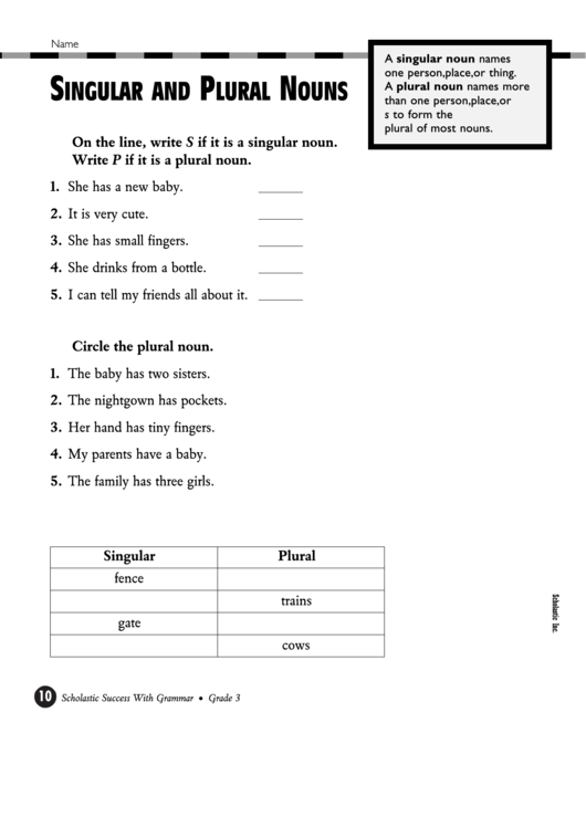 Singular And Plural Noun Worksheet Printable pdf