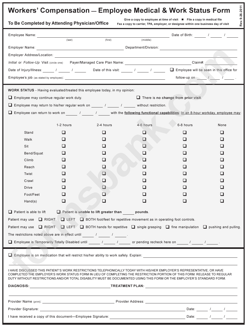 Workers Compensation Employee Medical Work Status Form