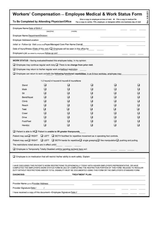Fillable Workers Compensation Employee Medical Work Status Form Printable pdf