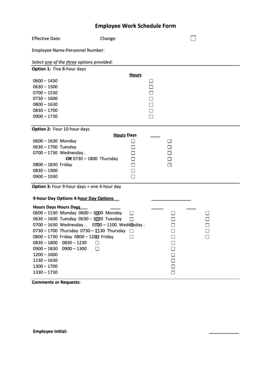 Employee Work Schedule Form Printable pdf