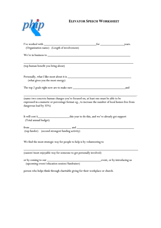 Elevator Speech Worksheet Template Printable pdf