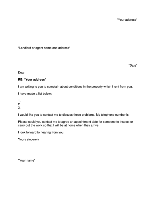 Sample Complaint Letter To Landlord Printable pdf