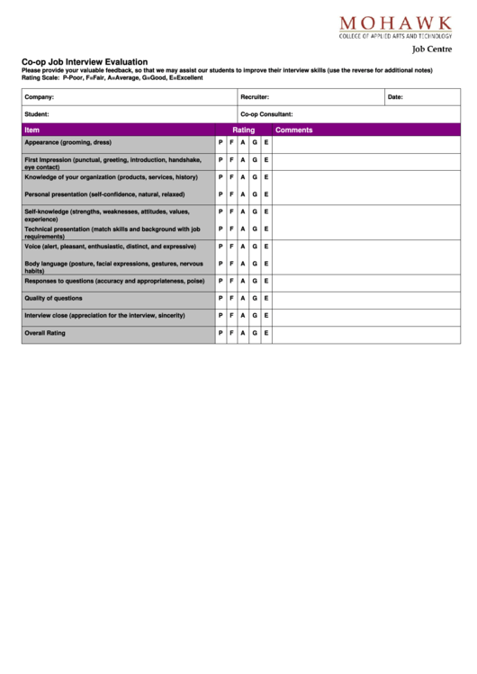 Co Op Job Interview Evaluation Printable pdf