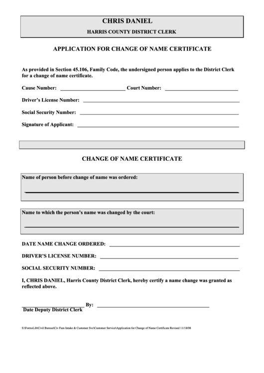 Fillable Application For Change Of Name Certificate Printable pdf