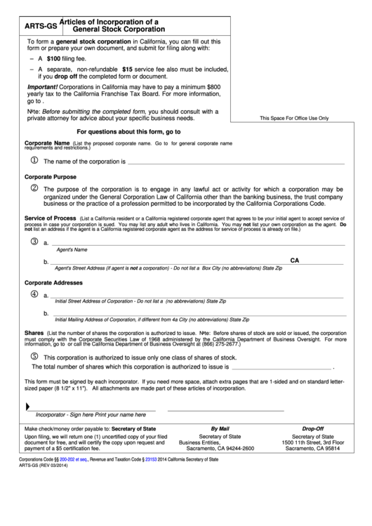 Fillable Form Arts-Gs - Articles Of Incorporation Of A General Stock Corporation Printable pdf