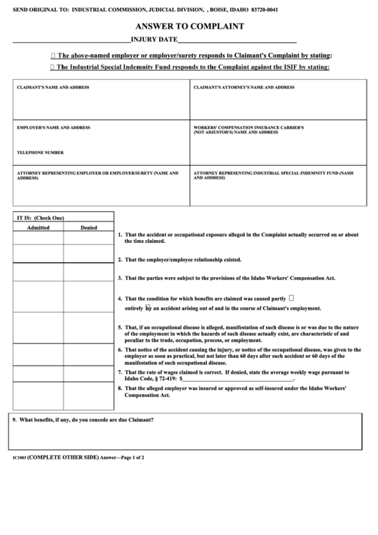 Fillable Answer To Complaint Printable pdf