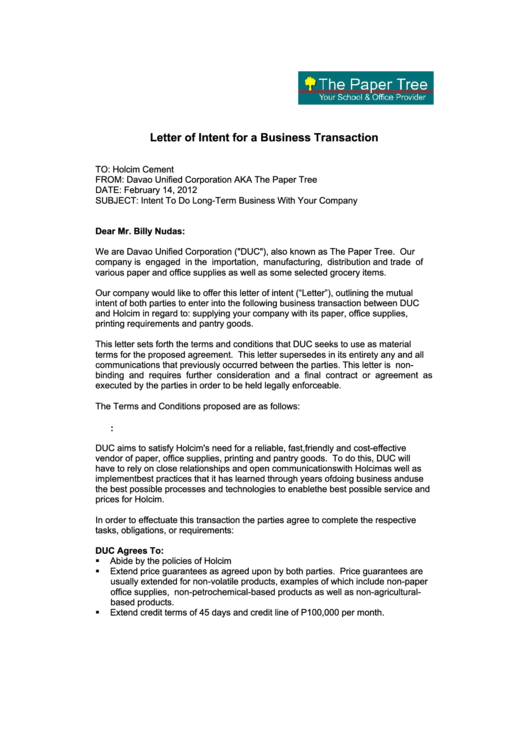 Letter Of Intent For A Business Transaction Printable pdf