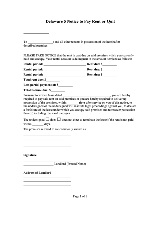 Fillable Delaware 5 Notice To Pay Rent Or Quit Printable pdf